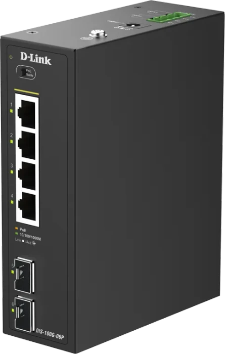 D-Link DIS-100G Industrial Railmount Gigabit Switch, 4x RJ-45, 2x SFP, 120W PoE+