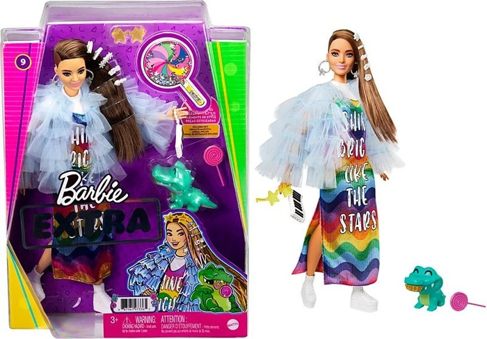 Mattel Barbie - Extra in Regenbogenkleid mit Haustier-Krokodil