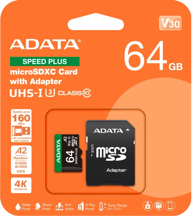 ADATA SPEED PLUS R160/W140 64GB Kit, UHS-I U3, A2, Class 10