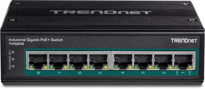 TRENDnet TI Hardened Industrial Railmount Gigabit Switch, 8x RJ-45, 200W PoE+