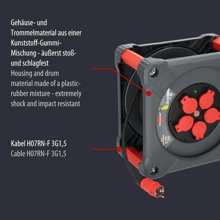Brennenstuhl professionalLINE Kabeltrommel KA 5100 5, Schuko auf 5x Schuko, 50m, IP44, H07RN-F 3G1,5