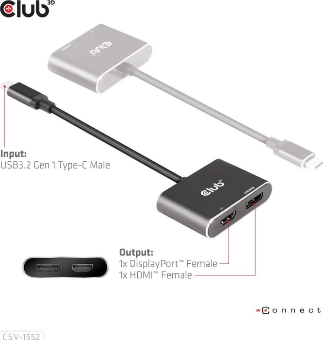 Club 3D MST Hub USB-C 3.2 auf DisplayPort + HDMI 4K60Hz M/F Adapter