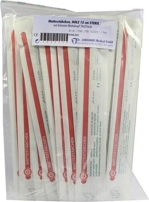 Dr. Junghans Medical Wattestäbchen Holz, 15cm, kleiner Kopf, steril, 100 Stück