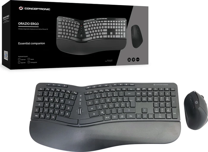 Conceptronic Orazio Ergo Wireless Ergonomic Keyboard and Vertical Mouse Kit schwarz, USB, DE