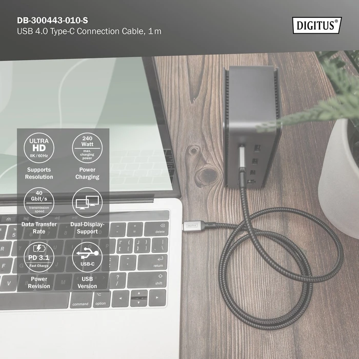 Digitus USB4 Kabel, 40Gb/s, 8K60Hz, 240W PD, USB-C Stecker auf USB-C Stecker, schwarz, 1m