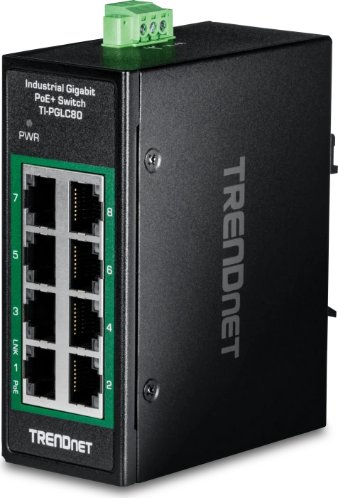 TRENDnet TI Hardened Industrial Railmount Gigabit Switch, 8x RJ-45, 200W PoE+