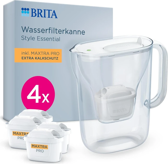 Brita Style Essential Tischwasserfilter inkl. 4 Kartuschen Pro Kalkschutz weiß