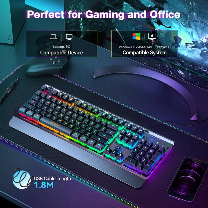 TeckNet RGB Gaming Keyboard, schwarz, LEDs RGB, USB, US