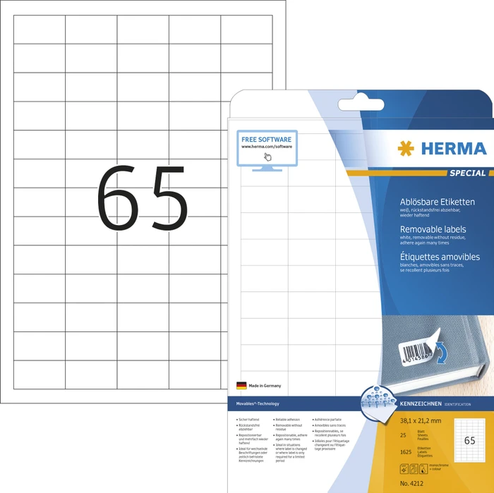 Herma Etiketten, 38.1x21.2mm, ablösbar, weiß, matt, 25 Blatt (1625 Etiketten)