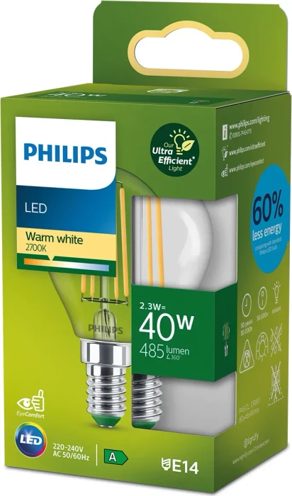 Philips Ultra Efficient LED Filament E14 2.3-40W 827 P45 CL