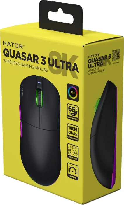 Hator Quasar 3 Ultra 8K Wireless Gaming Mouse schwarz, USB/Bluetooth