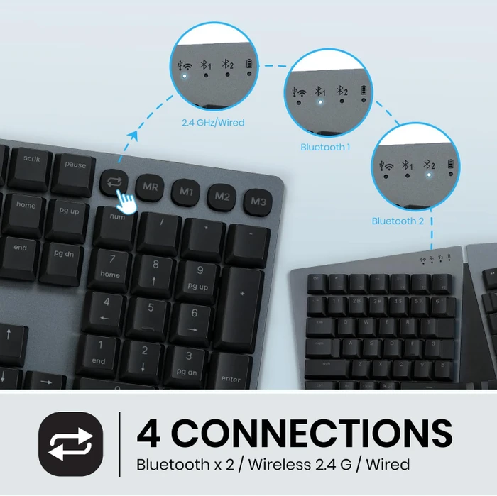 Perixx Periboard-835 Ergo Wireless, schwarz, LEDs RGB, Kailh Choc LOW PROFILE BROWN, USB/Bluetooth, US