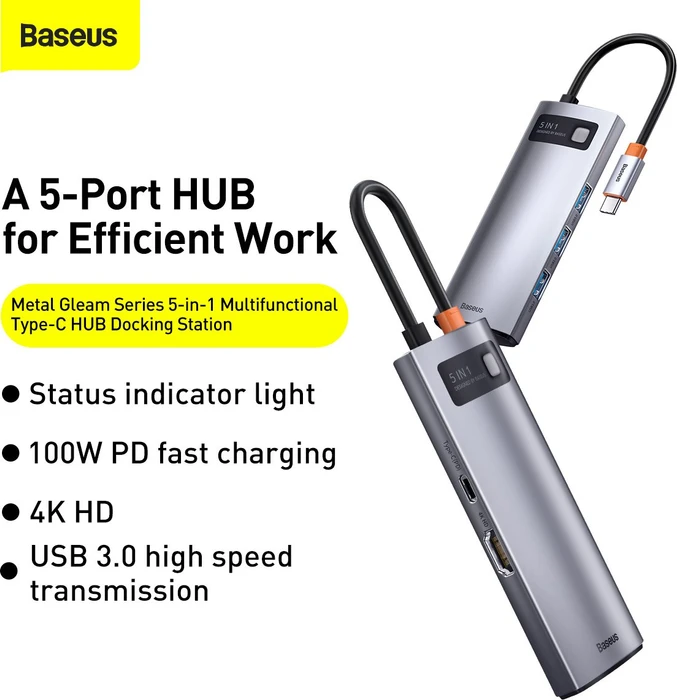 Baseus Metal Gleam 5-in-1 Hub, USB-C 3.0 [Stecker]