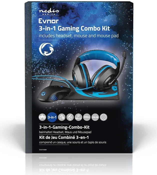Nedis Evnor 3-in-1 Gaming Combo Kit mit Mouse, Mousepad und Headset, schwarz/blau, USB