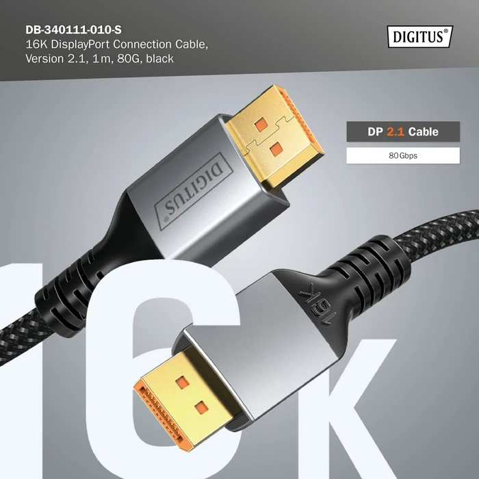 Digitus 16K DisplayPort Connection Cable DisplayPort 2.1 Kabel DP80 schwarz, 1m