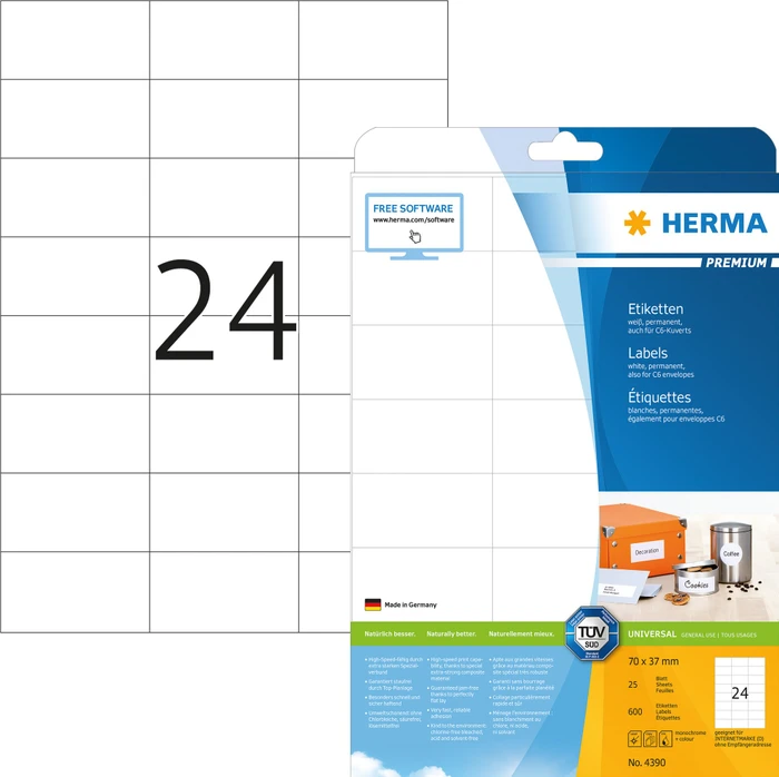 Herma Etiketten Premium, 70x37mm, weiß, matt, 25 Blatt (600 Etiketten)