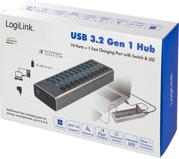 LogiLink USB-Hub mit Ladeanschluss, 10x USB-A 3.0, USB-B 3.0 [Buchse]