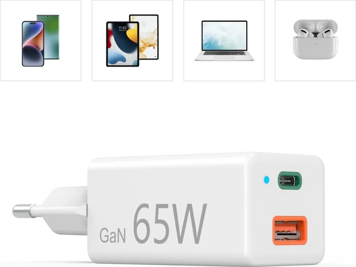 Hama Schnellladegerät GaN 1x USB-C PD 1x USB-A QC Mini-Ladegerät 65W weiß