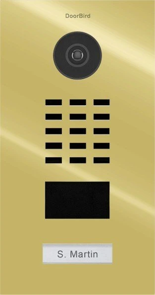 DoorBird D2101V IP Video Türstation mit 1 Ruftaste, Edelstahl V4A, hochglanz, Messing-Optik, inkl. Unterputzgehäuse
