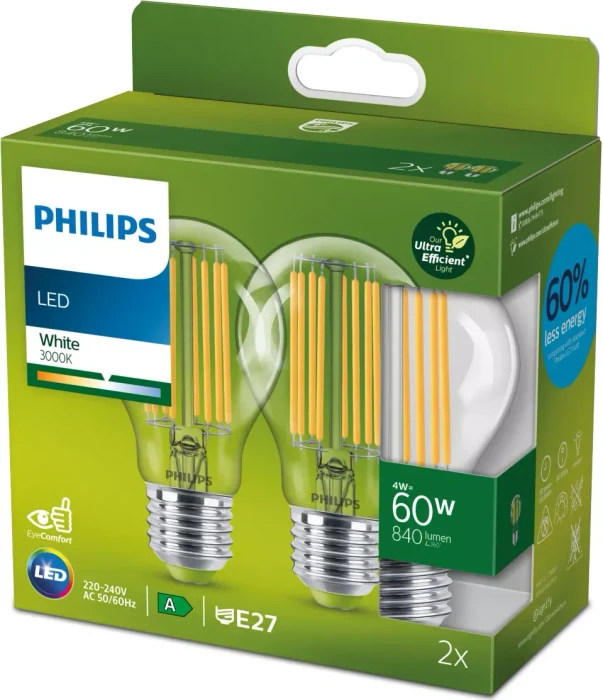 Philips LED CLA 60W A60 E27 CL UE SRT4 4W/830, 2 Stück
