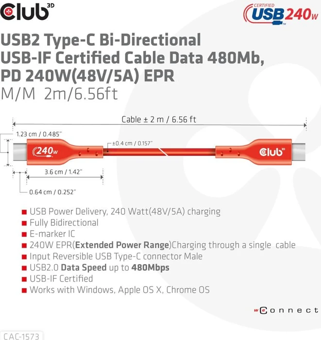 Club 3D USB-C 2.0 Kabel, 480Mb/s, 240W PD EPR, USB-C 2.0 Stecker auf USB-C 2.0 Stecker, 2m