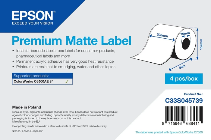 EPSON PP Endlosetikette Matte 203mm, weiß, 60m, 1 Rolle (endlos)