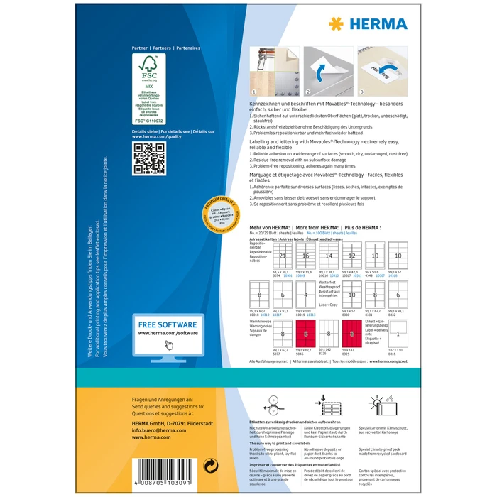 Herma Adressetiketten, 99.1x33.8mm, ablösbar, weiß, matt, 100 Blatt (1600 Etiketten)