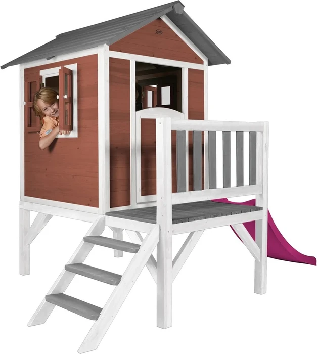 Axi Spielhaus Lodge XL rot/weiß mit Rutsche lila