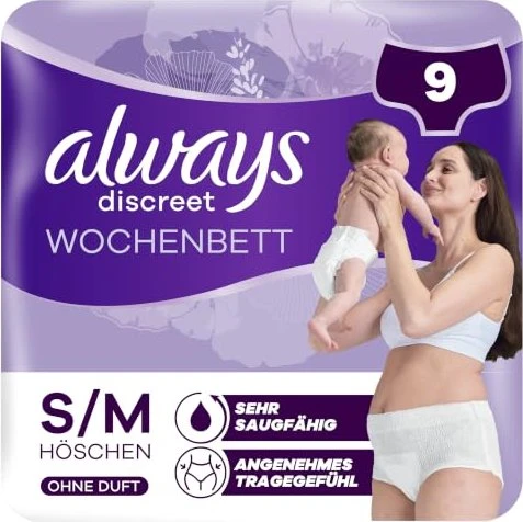 Always Discreet Postpartum/Wochenbett Inkontinenz Höschen Schutzhose Größe S/M, 9 Stück