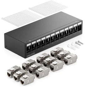 deleyCON Patchpanel Gehäuse für Keystone Module, 1HE, inkl. RJ-45 Cat6a Module, 12-Port, 1HE