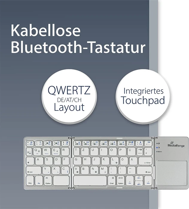MediaRange kompakte Funk-Tastatur mit 63 Tasten und Touchpad, silber, Bluetooth, DE