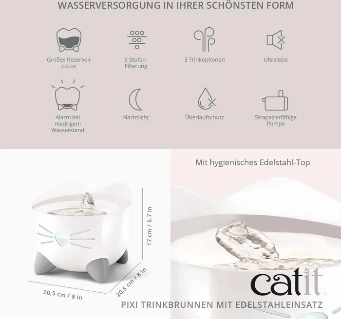 Catit PIXI Trinkbrunnen, LED-Statusanzeige, Trockenlaufschutz, Edelstahleinsatz, 2.5l, weiß