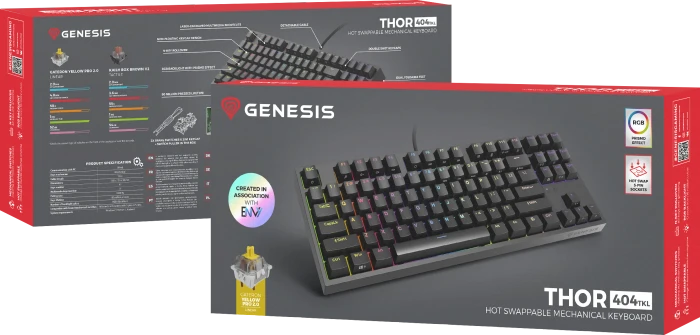 Genesis Thor 404 TKL, schwarz, LEDs RGB, hot-swap, Gateron Pro YELLOW, USB, DE