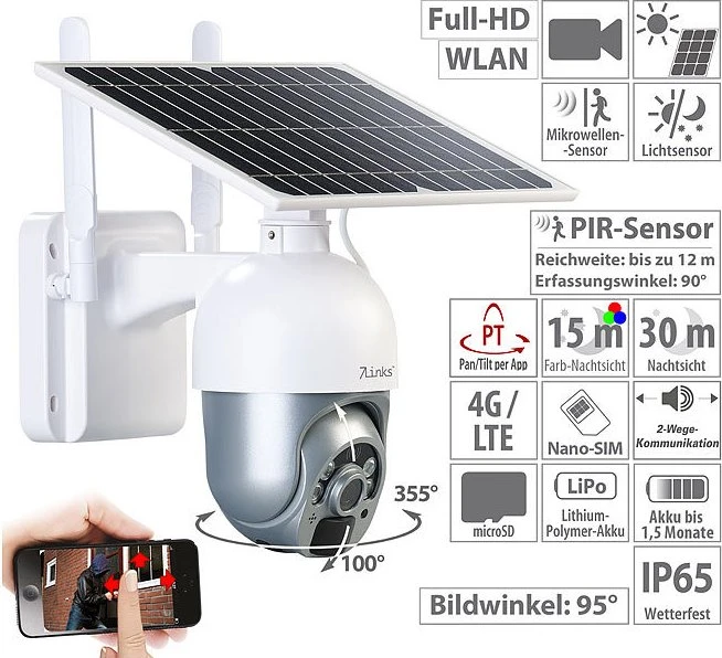 7links LTE Pan Tilt IPC-710.lte Überwachungskamera mit Solarpanel, grau