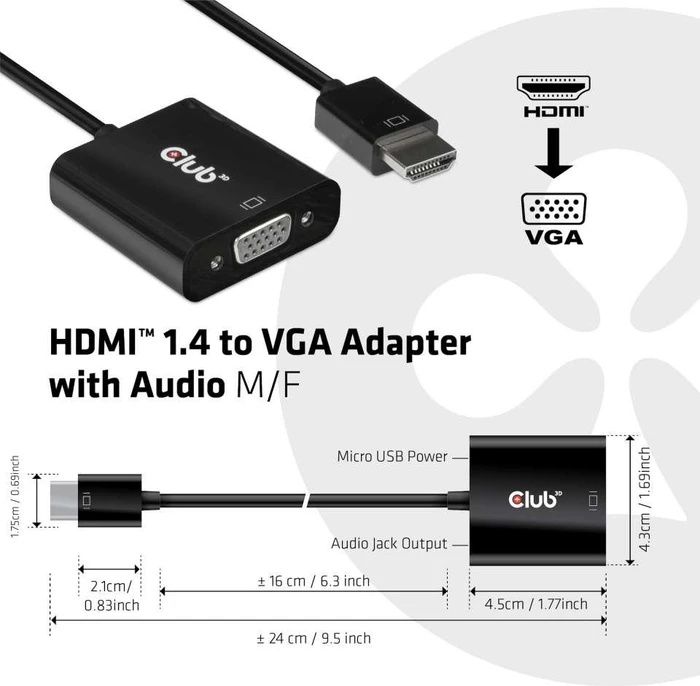 Club 3D aktiver Adapter HDMI 1.4 [Stecker] auf VGA [Buchse], 16cm