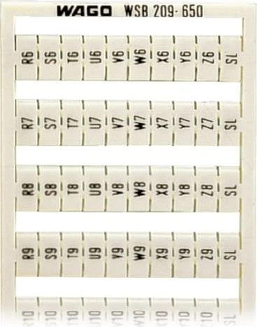 Wago WSB-Beschriftungskarte als Karte bedruckt R6, S6, T6, ..., Y6, Z6, SL bis R10,S10, T10, ..., Y10, Z10, SL (je 2x) nicht dehnbar Aufdruck senkrecht aufrastbar weiß