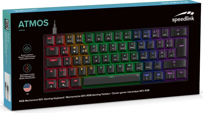 Speedlink Atmos RGB Regenbogen 60% Gaming Keyboard, schwarz, LEDs RGB, Jixian BROWN, USB, US