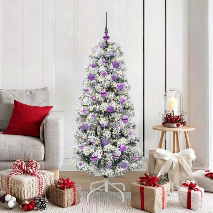 vidaXL Künstlicher Weihnachtsbaum schlank mit Schnee, 150cm, inkl. LED-Beleuchtung