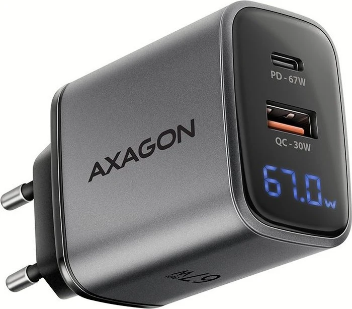 Axagon Wall Charger mit Display ACU-PQ67D PD3.0 & QC4+ 67W grau