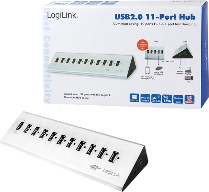 LogiLink Aluminium USB-Hub, 11x USB-A 2.0, USB 2.0 Micro-B [Buchse]