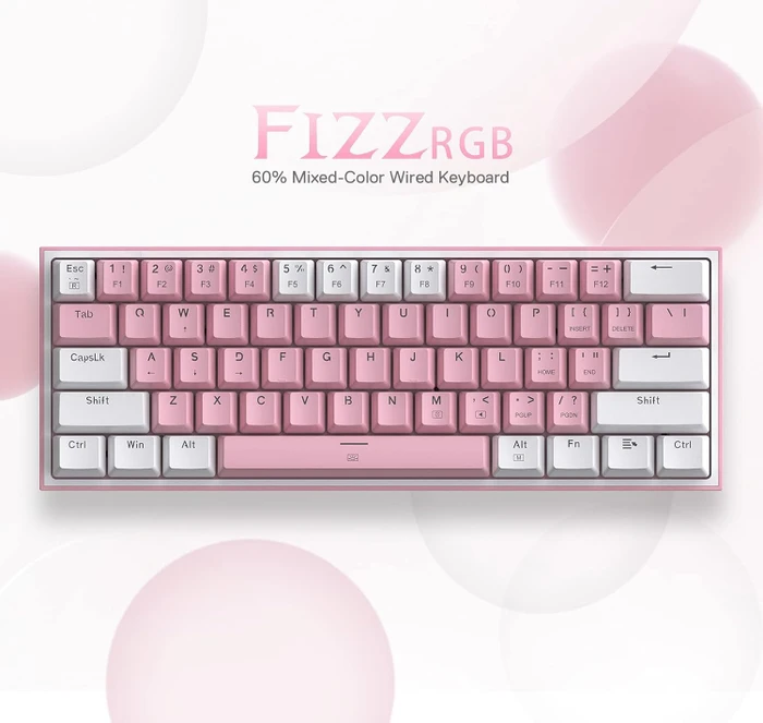 Redragon K617 Fizz, 60%, rosa/weiß, LEDs RGB, hot-swap, Outemu Red, USB, US