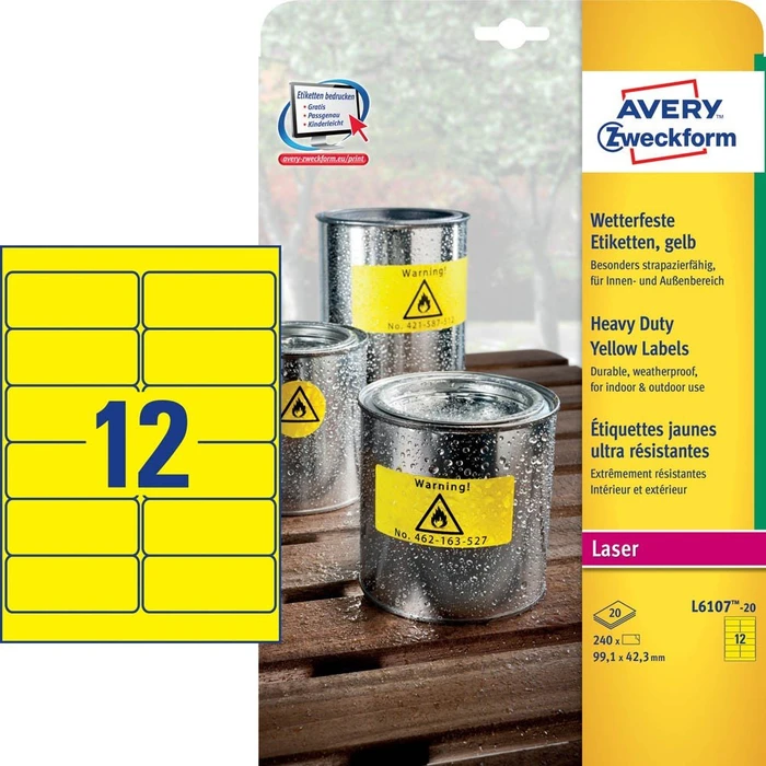 Avery-Zweckform Folienetiketten, 99.1x42.3mm, wetterfest, gelb, 20 Blatt (240 Etiketten)