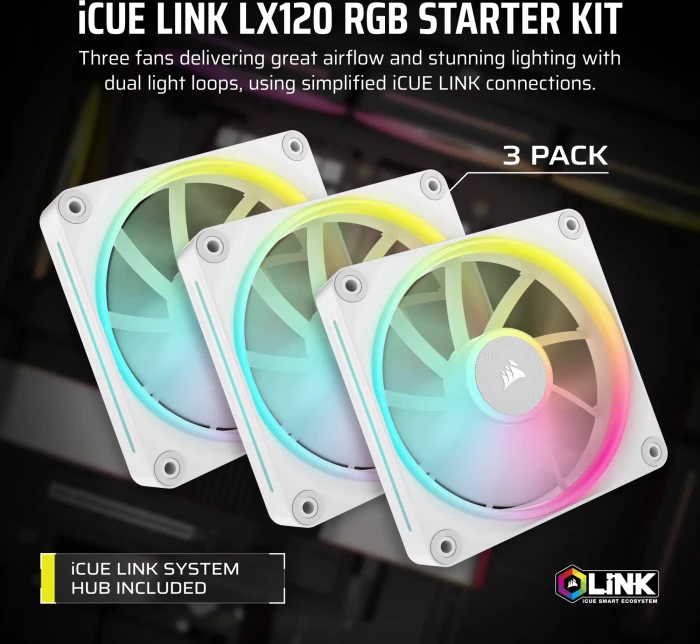 Corsair iCUE LINK LX120 RGB Starter Kit, weiß, LED-Steuerung, 120mm, 3er-Pack