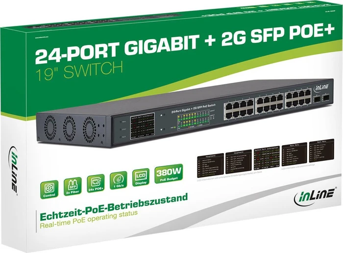 InLine Rackmount Gigabit Switch, 24x RJ-45, 2x SFP, 380W PoE+