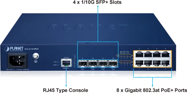 Planet SGS-6310 Rackmount Gigabit Managed Switch, 8x RJ-45, 4x SFP+, 120W PoE+