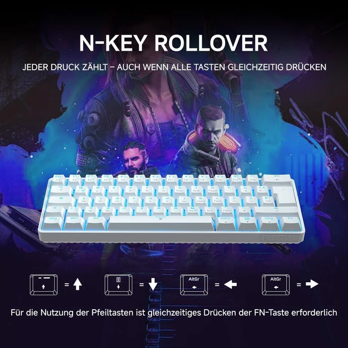 Dierya DK61SE, 60%, weiß, LEDs blau, BLUE Switches, USB, DE