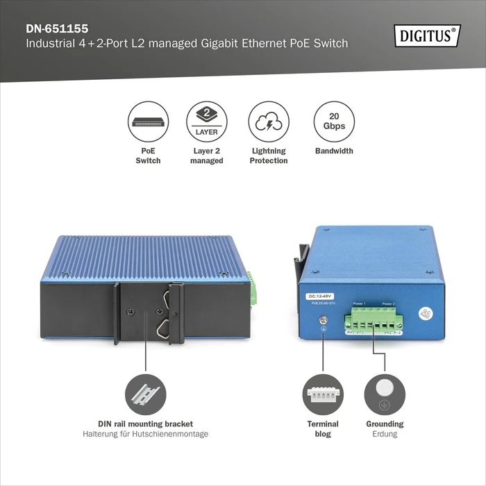 Digitus DN-65 Industrial Railmount Gigabit Managed Switch, 4x RJ-45, 2x SFP, PoE+