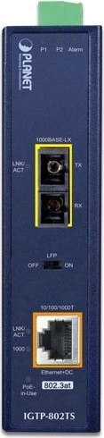 Planet IGTP-802TS Industrial Gigabit Medienkonverter, 1x RJ-45, 1x SC-Duplex SM 20km, 30W PoE+