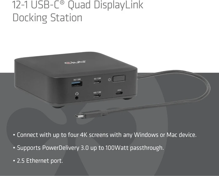 Club 3D 12-in-1 Quad DisplayLink Docking Station, USB-C 3.1 [Stecker]