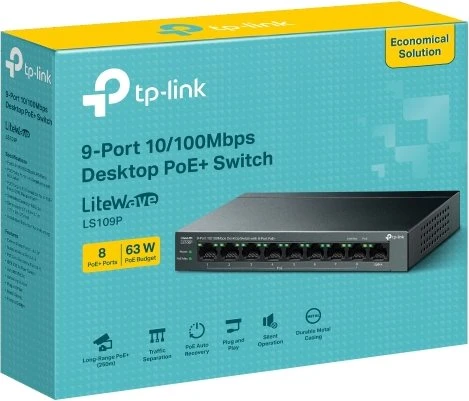 TP-Link LS100 LiteWave Desktop Switch, 9x RJ-45, 63W PoE+